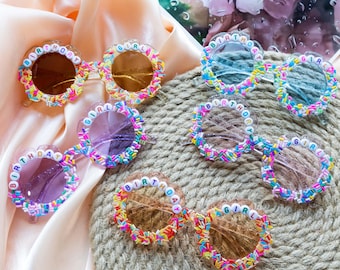 Custom Flower Shaped Birthday Sunglasses, Handmade Colorful Candy Sprinkle Sunnies, Fun Party Eyewear, Gift for Children's Party