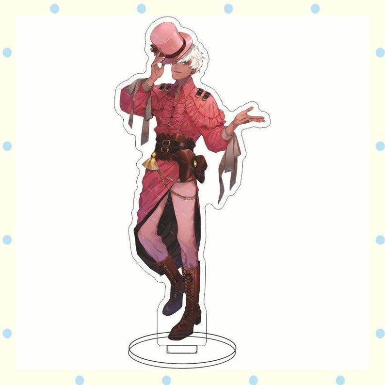 May include: A pink and red anime-style figure of a person wearing a pink top hat, ruffled shirt, and long coat. The figure is standing on a clear circular base. The figure has white hair and brown boots.