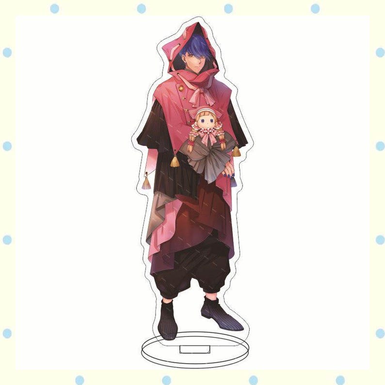 May include: A full-body acrylic standee featuring a character with blue hair and a pink hooded cloak. The character holds a doll. The standee has a circular base and is set against a white background.