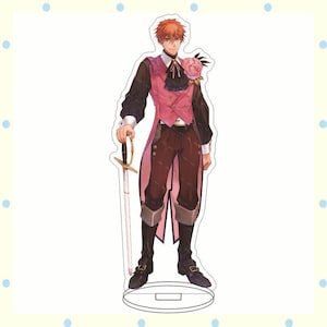 May include: A clear acrylic standee featuring a character with orange hair, wearing a pink vest, black sleeves, and brown pants. The character holds a sword and has a rose on their shoulder. The standee is on a clear base.