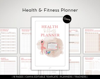 May include: An 18-page printable health and fitness planner. The cover features a watercolour illustration of a woman doing yoga with a calendar and flowers. The text "Health & Fitness Planner" is in a pink and black font.