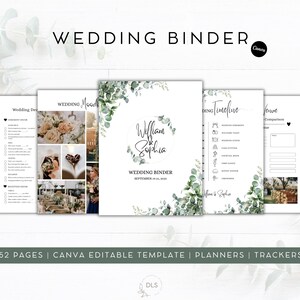 Może przedstawiać: Biały segregator ślubny z napisem "WEDDING BINDER" u góry. Segregator zawiera strony z listami kontrolnymi planowania ślubu, harmonogramami i tablicami nastrojów. Okładka zawiera imiona "William & Sophia" i eukaliptusową zieleń.