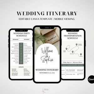 Może przedstawiać: Trzy smartfony wyświetlające szablon planu podróży ślubnej. Centralny telefon pokazuje "William & Sophia" i "Wedding Itinerary September 19-21, 2025." Inne ekrany pokazują harmonogram wesela i szczegóły transportu.