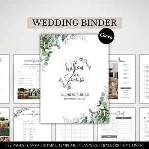 Op de afbeelding: Een witte trouwmap met de tekst "WEDDING BINDER" bovenaan. De omslag toont de namen "William & Sophia" in een cirkelvormig ontwerp met eucalyptusbladeren. De map bevat pagina's voor het plannen en volgen van bruiloftdetails.