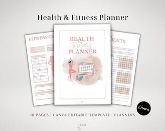 May include: A printable health and fitness planner with a pink watercolour background. The planner includes a calendar, fitness goals, and a section for meal planning. The text "HEALTH & FITNESS PLANNER" is in a pink font.
