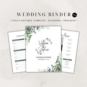 Puede incluir: Una plantilla de carpeta de boda con el texto "WEDDING BINDER" y "William & Sophia". La carpeta tiene un diseño floral con hojas de eucalipto. La plantilla incluye planificadores y rastreadores.