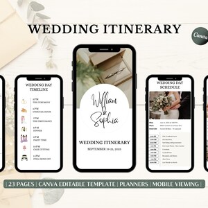 Op de afbeelding: Een digitaal huwelijksreisplan wordt op meerdere smartphones weergegeven. Het hoofdscherm toont "William & Sophia" en de huwelijksdatum. Andere schermen tonen de weekendtijdlijn, de tijdlijn van de trouwdag en het schema. De tekst "WEDDING ITINERARY" staat bovenaan.