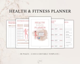 May include: An 18-page printable health and fitness planner in pink and white. The cover features a watercolour design with a woman doing yoga and the text "HEALTH & fitness PLANNER".