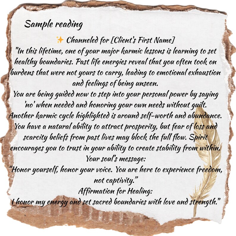 May include: A sample reading of a channeled message about setting healthy boundaries and honouring your needs. The text includes an affirmation for healing: "I honour my energy and set sacred boundaries with love and strength."