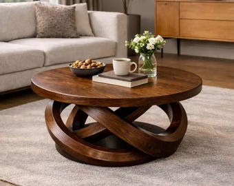 Round Walnut Wood Coffee Table, Sculptural Ring Base Design, Modern Rustic Solid Wood Center Table, Handmade Custom Furniture