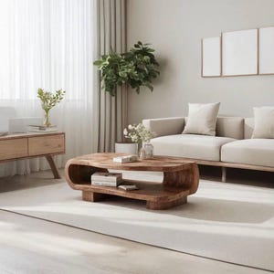 Puede incluir: Una mesa de centro de madera maciza con un diseño curvo único. La mesa es de color marrón cálido y tiene un estante inferior para almacenamiento. La habitación también cuenta con un sofá de color claro, una alfombra blanca y una planta grande.