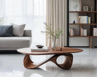Handcrafted Sculptural Wood Coffee Table, Mid-Century Modern Organic Style, Curved Oval Center Table, Custom Solid Wood Piece