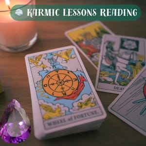 May include: A tarot card reading with the Wheel of Fortune card in the centre, surrounded by other cards, including Death. The cards are on a wooden table with a lit candle and a purple gemstone.
