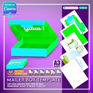 Puede incluir: Una plantilla de caja de correo verde y azul con un patrón floral. La caja está abierta y el interior es verde. La plantilla es para una caja de regalo de tamaño mediano con dimensiones de 11,4 cm de largo, 14 cm de ancho y 3,8 cm de alto. La plantilla está disponible en los formatos PDF, JPG, PSD, PNG, AI y SVG.