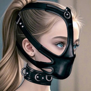 Peut inclure: Ensemble de masque et collier en cuir noir. Le masque couvre le nez et la bouche, avec des sangles autour de la tête et un détail d'anneau métallique. Le collier a des anneaux et des clous métalliques. Illustration numérique.