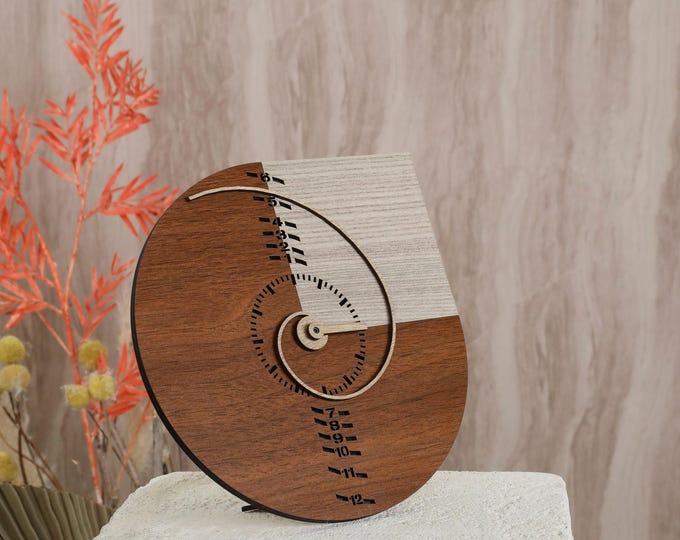 Fibonacci Wooden Wall Clock, Modern Spiral Starburst Mid Century Geometric Home Decor