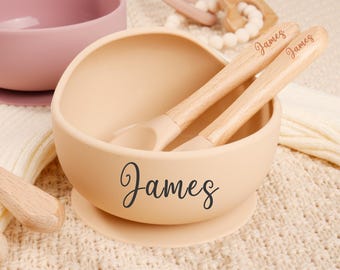 Custom Engraved baby Dining Set,Baby Suction Bowl Set, Silicone Weaning Bowl,Baby Feeding, Engraved Spoon Set,Food Grade Silicone Bowl