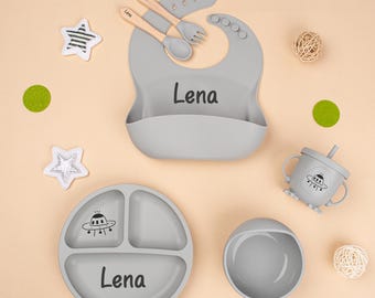 Engraved Silicone Baby Weaning Set Custom Toddler Feeding Plate & Bib Unique Baby Shower Gift Personalized Baby Essentials Baby Shower Gif