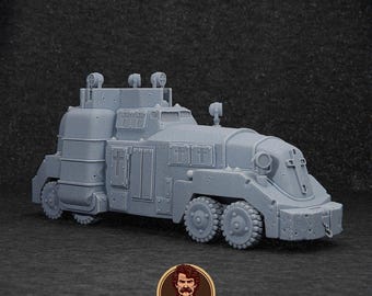 May include: A gray, detailed model of a heavily armored vehicle with a cross on the side. The vehicle has a large, boxy body with a raised cab and a long, narrow front end. The model is made of plastic and is painted in a matte gray finish.