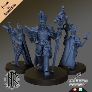 May include: Three 3D printed miniature figures of a fantasy character wearing a robe and holding a staff with a snake wrapped around it. The figures are in different poses and are printed in a light grey colour.