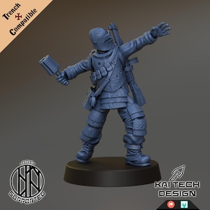 May include: A blue miniature figurine of a soldier in a helmet and armor, holding a hammer and rifle. The figurine is on a black base. Text on the image reads "Trench Compatible", "Pre-Supported", and "Kai Tech Design".