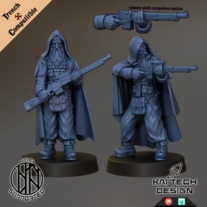 May include: A dark blue 3D-printed miniature figure of a robed character with a long beard, holding a rifle. The figure stands on a black base. The image includes a separate rifle and text that says "Trench Compatible" and "Kai Tech Design".
