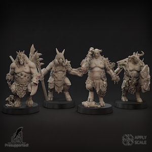May include: Four detailed miniature figures of fantasy creatures, each standing on a black base. The figures include a minotaur, a horned warrior with a staff, and two other muscular, armored characters. The figures are in a neutral color.