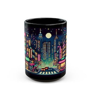 レトロなピクセルの夜景。ブラックコーヒーマグ。11オンスと15オンス。