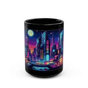夜の街。ネオン、レトロ、そしてクール。ブラックコーヒーマグ（11オンス、15オンス）