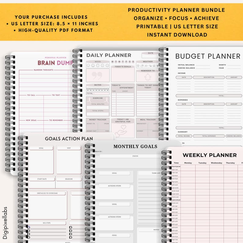 Printable Productivity Planner Bundle | Brain Dump, Daily, Weekly ...