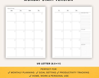 Minimal Undated Monthly Planner Printable | US Letter (PDF)