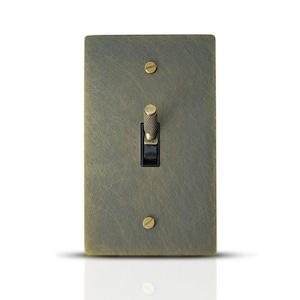 Puede incluir: Un interruptor de luz rectangular de color latón antiguo con un interruptor basculante en el centro. Dos tornillos pequeños aseguran la placa del interruptor. El interruptor está sobre un fondo blanco.