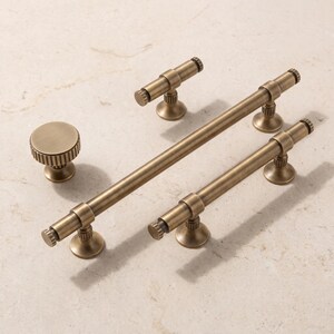 Antique Brass Ringed Cabinet Pulls, Round Knob and T-Knob