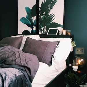 May include: A black bed frame with a white duvet and gray pillows. Two framed prints with green tropical leaves hang above the bed. A small table with a lamp and a potted plant sits next to the bed.