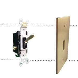 May include: A white metal electrical box, a light switch with a black toggle, a gold-colored wall plate, and two screws.