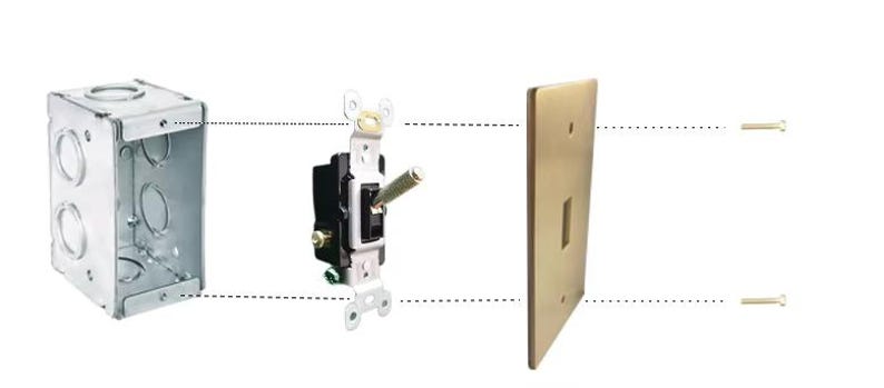 May include: A white metal electrical box, a light switch with a black toggle, a gold-colored wall plate, and two screws.