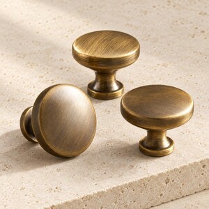 Cabinet Knobs in Antique Bronze, Smooth Round Solid Brass
