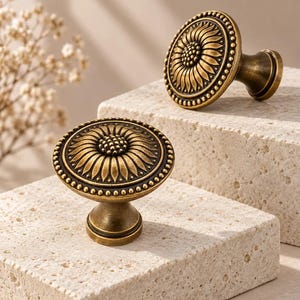 Sunflower Cabinet Knob in Antique Brass with Beaded Border