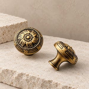 Antique Brass Scrollwork Drawer Knob with Beaded Leaf Relief