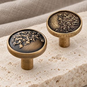 Organic Relief Cabinet Knobs, Antique Brass Brushed or Textured Rim