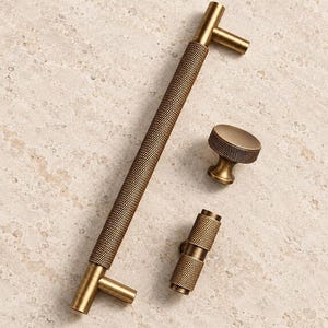 Diamond-Knurled Antique Brass Cabinet Pulls, Disc Knobs and T-Knob