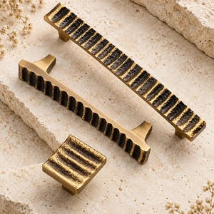 Textured Wave Cabinet Pulls and Square Knob, Antique Brass