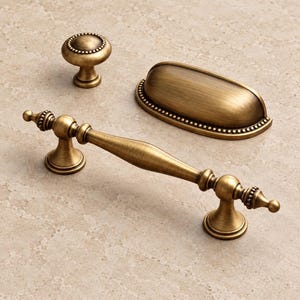 Beaded Brass Cup Pull, Spindle Cabinet Pulls and Round Knob