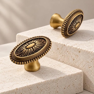 Acanthus Medallion Cabinet Knob, Antique Brass Beaded Rim