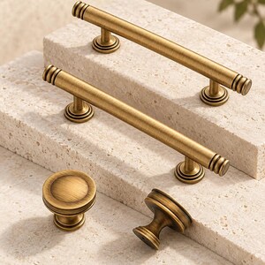 Antique Brass Cabinet Pulls and Dished Knobs, Ringed End Detail