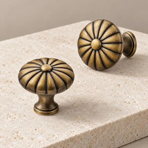 Fluted Button Cabinet Knob in Antique Brass