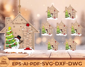 Personalized Family Ornament SVG, Snowman Xmas House Laser Cut File, Layered Christmas Tree Name Sign Cricut Glowforge