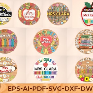 Klassenzimmer Zeichen Bundle SVG, rundes Türschild Dekor, Tür-Willkommensschild, Lehrer Namensschild, Glowforge Laserdatei, Cricut Schnittdatei, digitaler Download