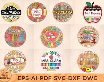 Classroom Sign Bundle SVG, Round door hanger svg, Door welcome sign, Teacher name sign,Glowforge laser file,Cricut cut file,Digital download