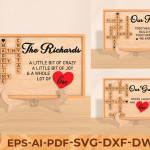 Personalisiertes Scrabble Puzzle Zeichen, benutzerdefiniertes Grandkids Kreuzworträtsel Scrabble Holzschild, Familie Nachname Zeichen, Glowforge svg